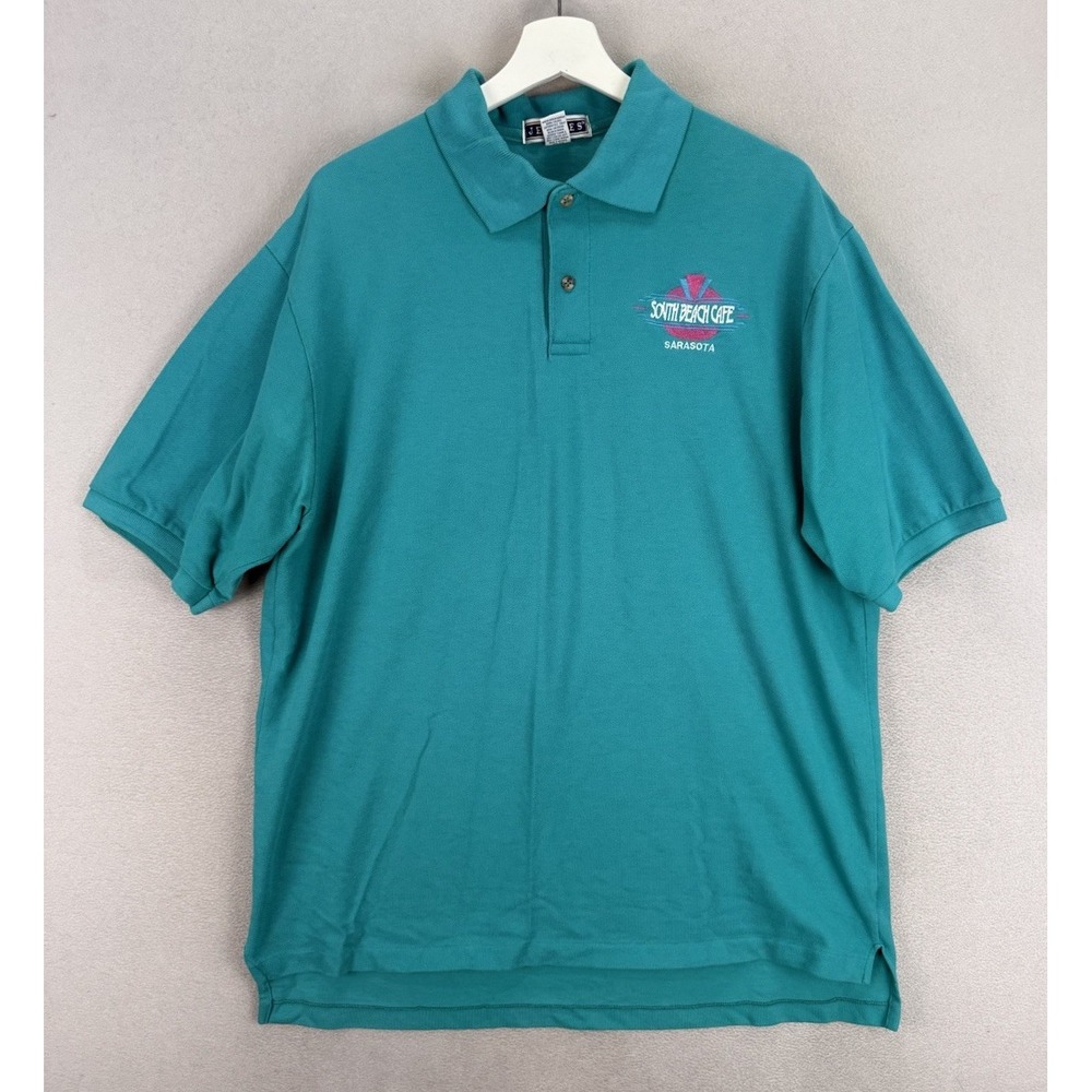 Vintage Jerzees Men's XL Teal Green South Beach Cafe Sarasota‎ Embroidered Polo